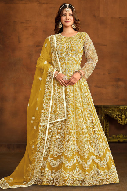 Yellow Heavy Net Embroidery Worked Wedding & Function Wear Anarkali Gown