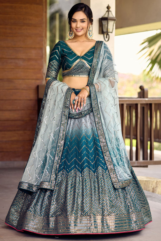 Blue Colored Heavy Chinon Lehenga With Soft Net Dupatta, Engagement Wear Lehenga Choli - Marriott Fashion