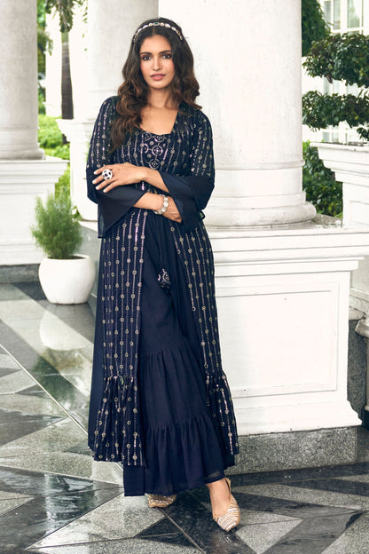 Blue Faux Georgette Embroidery Worked Wedding Wear Ready Made Sharara Suit