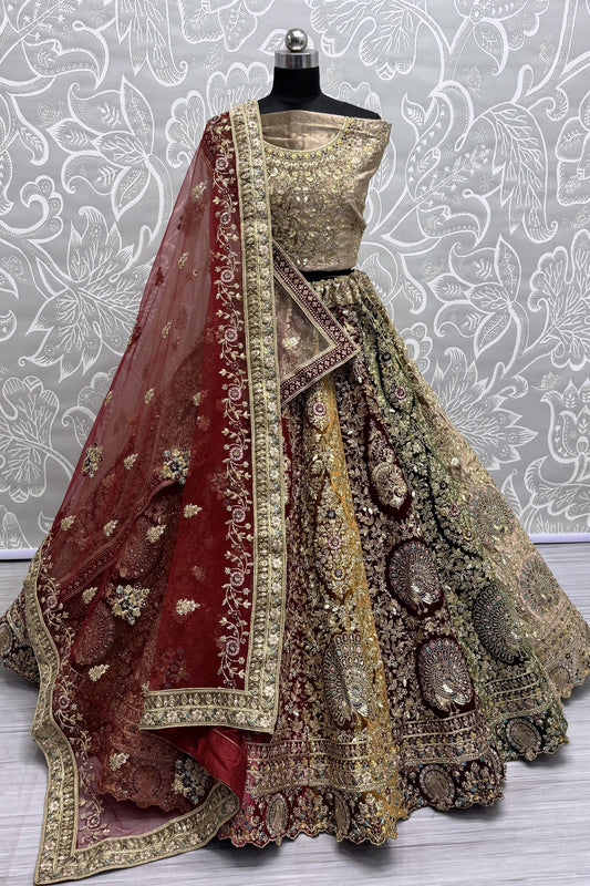 Multi Colored Velvet Lehenga Choli With Soft Net Dupatta, Wedding Wear Bridesmaid Lehenga Choli - Marriott Fashion