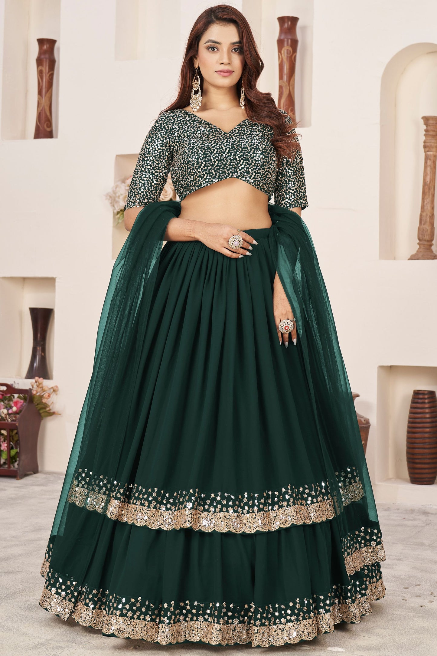 Green Colored Georgette Lehenga Choli With Designer Net Dupatta for Indian wedding & Festival wear Outfit - Marriott Fashion