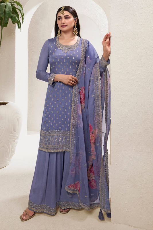 Women Wear Lilac Colored Chinon Salwar Suit, Same Colored Palazzo With Beautiful Dupatta, Embroidery And Multi Thread Worked Dresses - Marriott Fashion