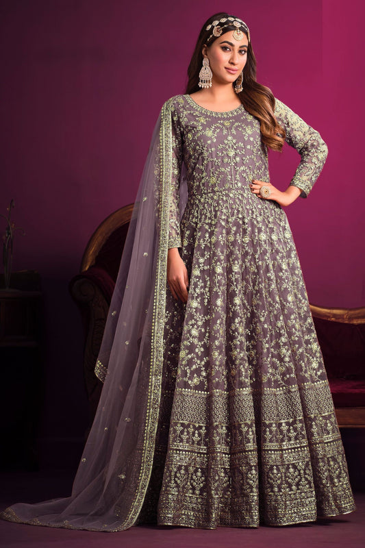 Wedding Party Wear Purple Colored Net Salwar Kameez, Santool Bottom And Designer Dupatta - Marriott Fashion