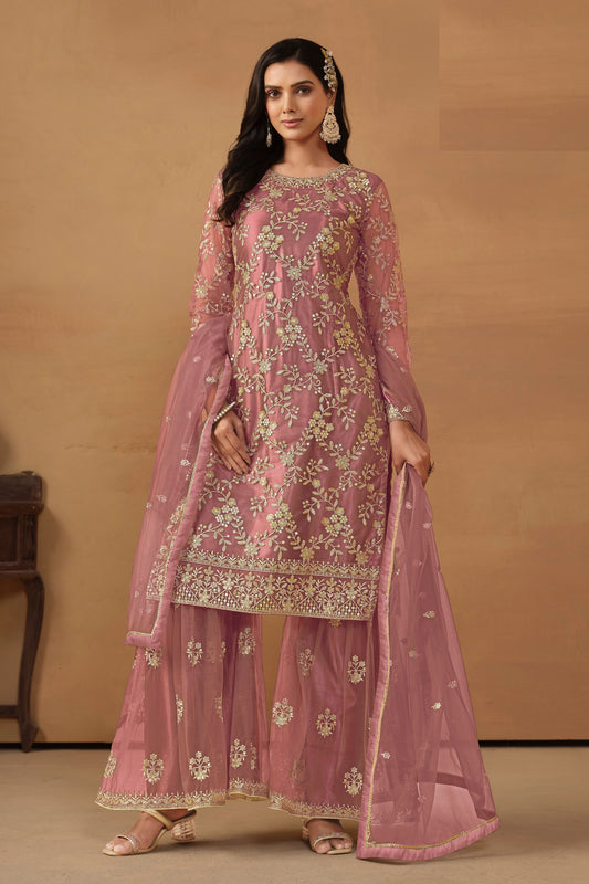 Pink Colored Heavy Net Sharara Suit With Embroidery Worked Dupatta - Marriott Fashion