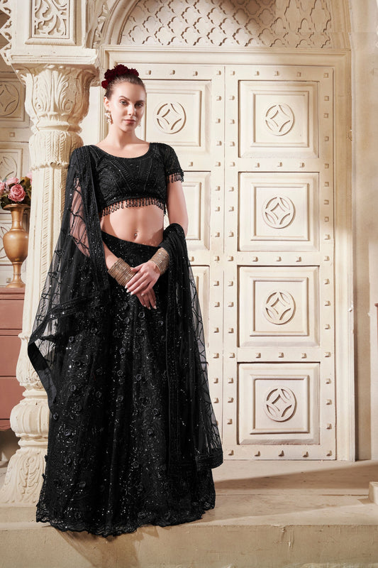 Attractive Black Colored Heavy Net Lehenga With Embroidery Worked Dupatta, Wedding Party Wear Lehenga choli - Marriott Fashion