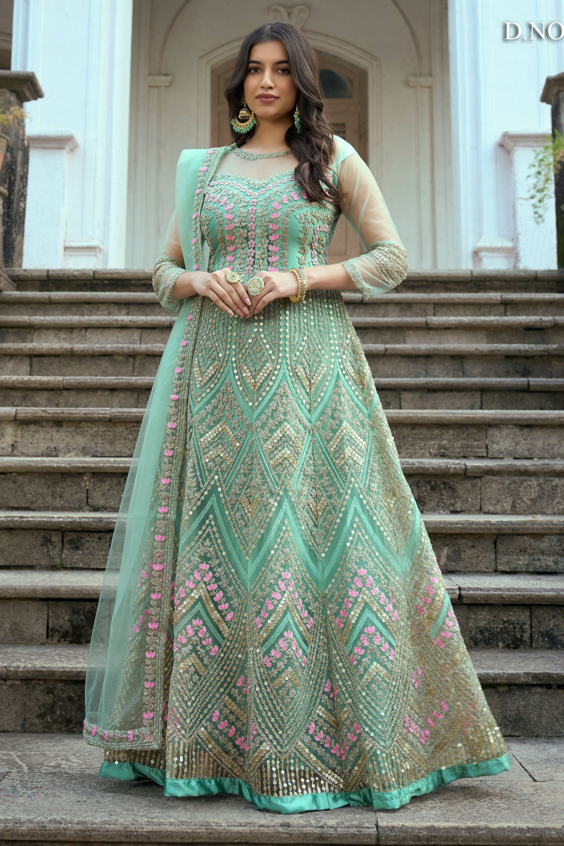 Mint Colored Butterfly Net Anarkali Gown, Santool Bottom With Dupatta, Pakistani Festival Wear Heavy Embroidery& Sequence Worked Salwar Suits For Women - Marriott Fashion