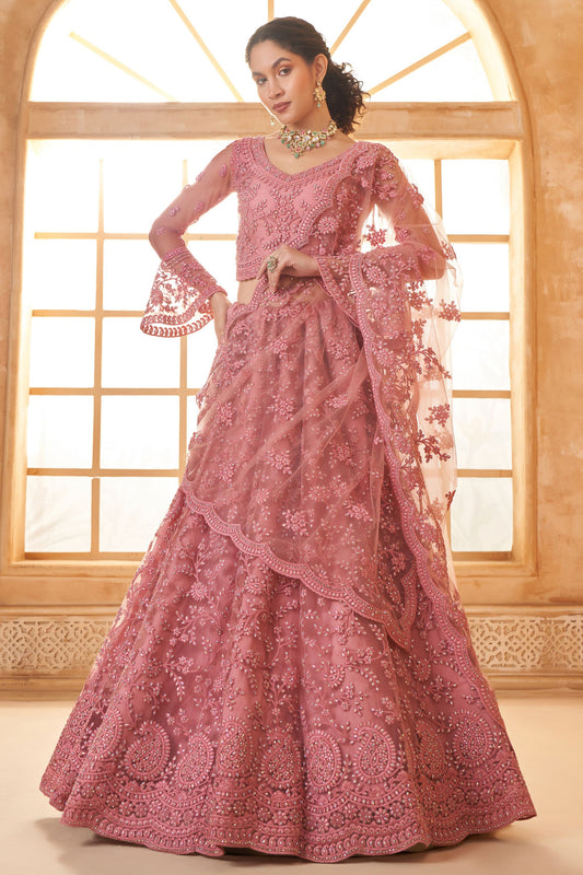 Pink Colored Heavy Net Lehenga Choli With Embroidery Worked Dupatta, Engagement Wear Lehenga Choli - Marriott Fashion