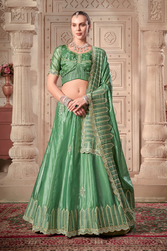 Green Colored Fancy Silk Lehenga, Zarkan And Stone Worked Blouse Piece With Designer Dupatta - Marriott Fashion