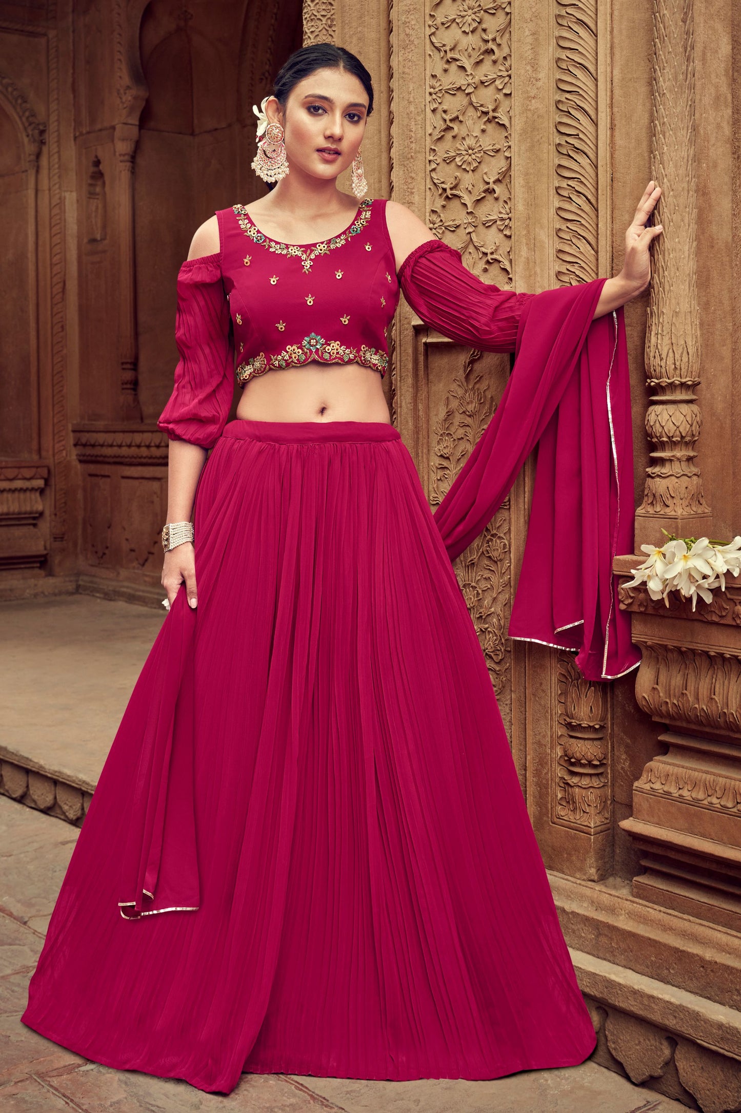 Rani Pink Faux Georgette Embroidery Worked Wedding Wear Ready Made Lehenga Choli