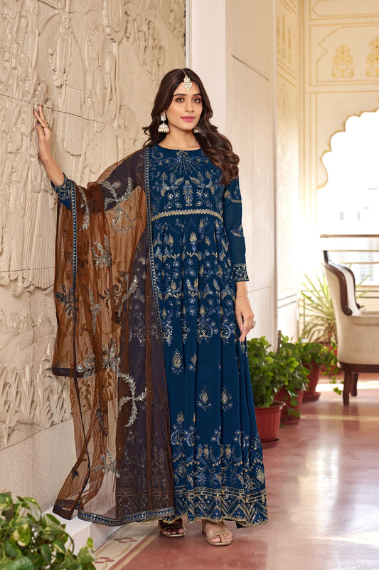 Blue Colored Georgette Anarkali Gown Suit With Net Dupatta For Wedding & Function Wear - Marriott Fashion