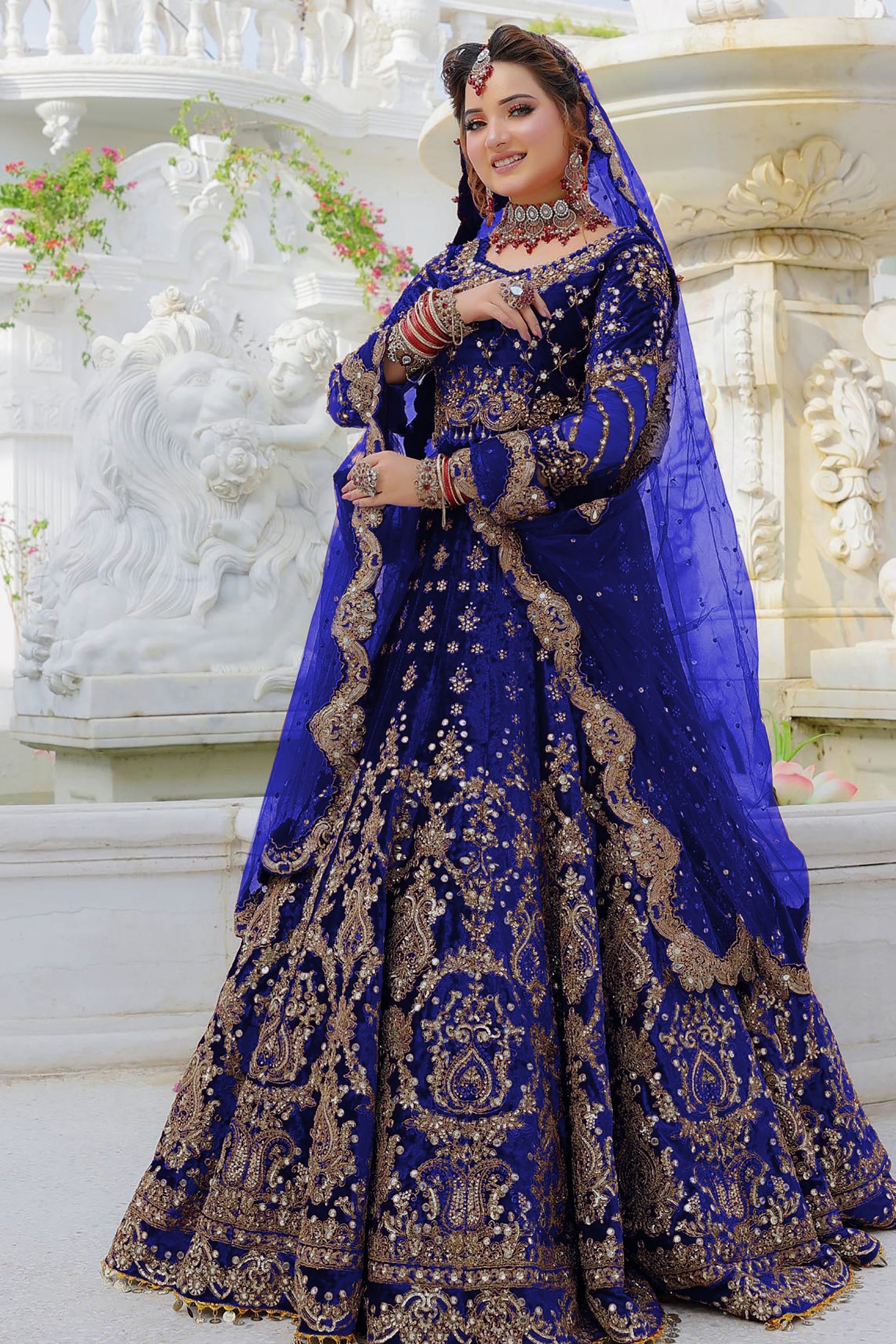 Blue Colored Heavy Velvet Designer Bridal Wear Lehenga Choli With Soft Net Dupatta, Embroidery & Sequence Worked Lehenga Choli - Marriott Fashion