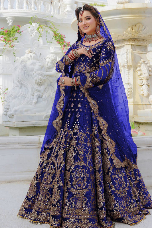 Blue Colored Heavy Velvet Designer Bridal Wear Lehenga Choli With Soft Net Dupatta, Embroidery & Sequence Worked Lehenga Choli - Marriott Fashion