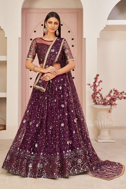 Wine Colored Heavy Net Lehenga With Unstitched Blouse Piece & Sequence Worked Dupatta - Marriott Fashion