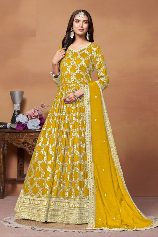 Yellow Dola Jacquard Silk Thread & Embroidery Work For Indian Wedding & Festival wear Anarkali Suit