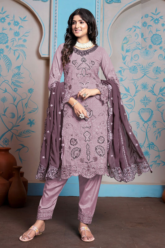 Purple Colored Heavy Faux Georgette Salwar Kameez, Dull Santoon Bottom With Designer Dupatta - Marriott Fashion