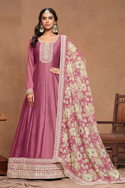 Pink Colored Art Silk Anarkali Gown Suits, Santool Bottom With Organza Printed Dupatta