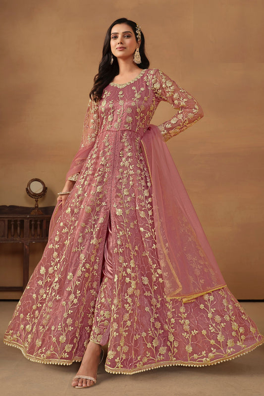 Pink Colored Heavy Net Anarkali Gown Suit, Satin Bottom With Dupatta, Festival Wear Slit Style Long Salwar Kameez For Women - Marriott Fashion