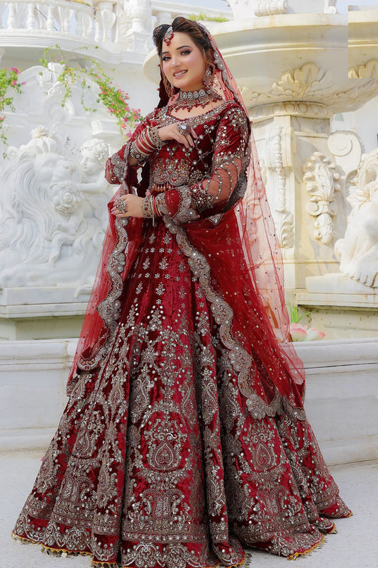 Marron Colored Heavy Velvet Sequence Worked Wedding Wear Lehenga Choli