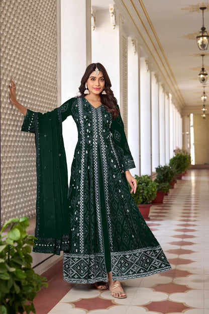 Mehendi Green Colored Georgette Anarkali Gown Suit With Embroidery Worked Organza Dupatta - Marriott Fashion