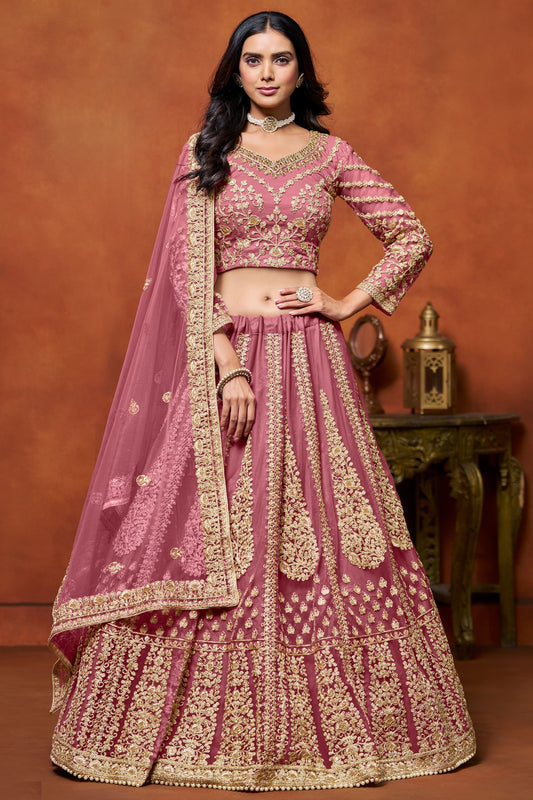 Pink Colored Heavy Net Lehenga Choli Embroidery Worked Dupatta For Indian Wedding Festival Wear - Marriott Fashion