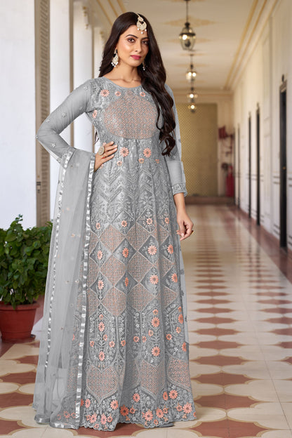 Pink Colored Butterfly Net Anarkali Gown Suit, Satin Bottom With Designer Dupatta - Marriott Fashion