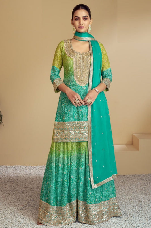 Sea Green Colored Heavy Chinon Salwar Kameez With Designer Printed Dupatta, Readymade Outfit - Marriott Fashion