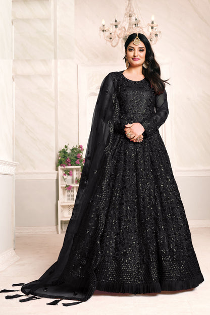 Attractive Black Heavy Net Embroidery Worked Wedding & Festival Wear Anarkali Gown