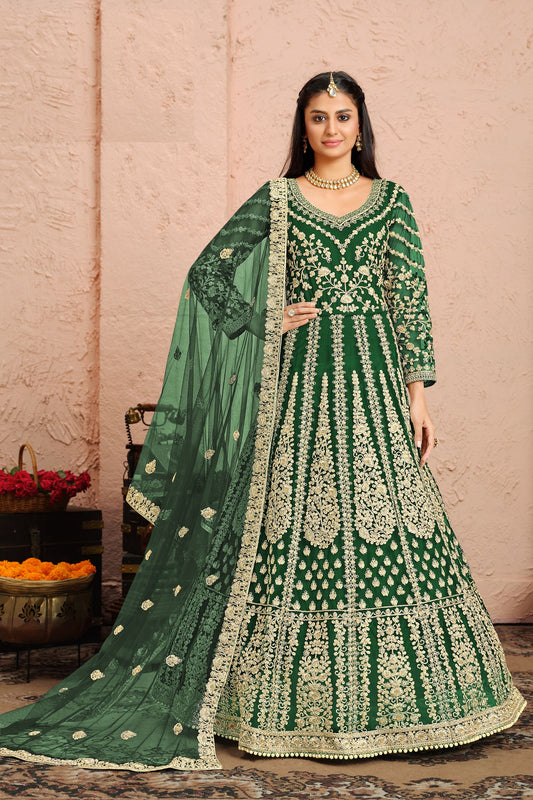 Green Heavy Net Embroidery Worked Pakistani Wedding & Function Wear Anarkali Gown