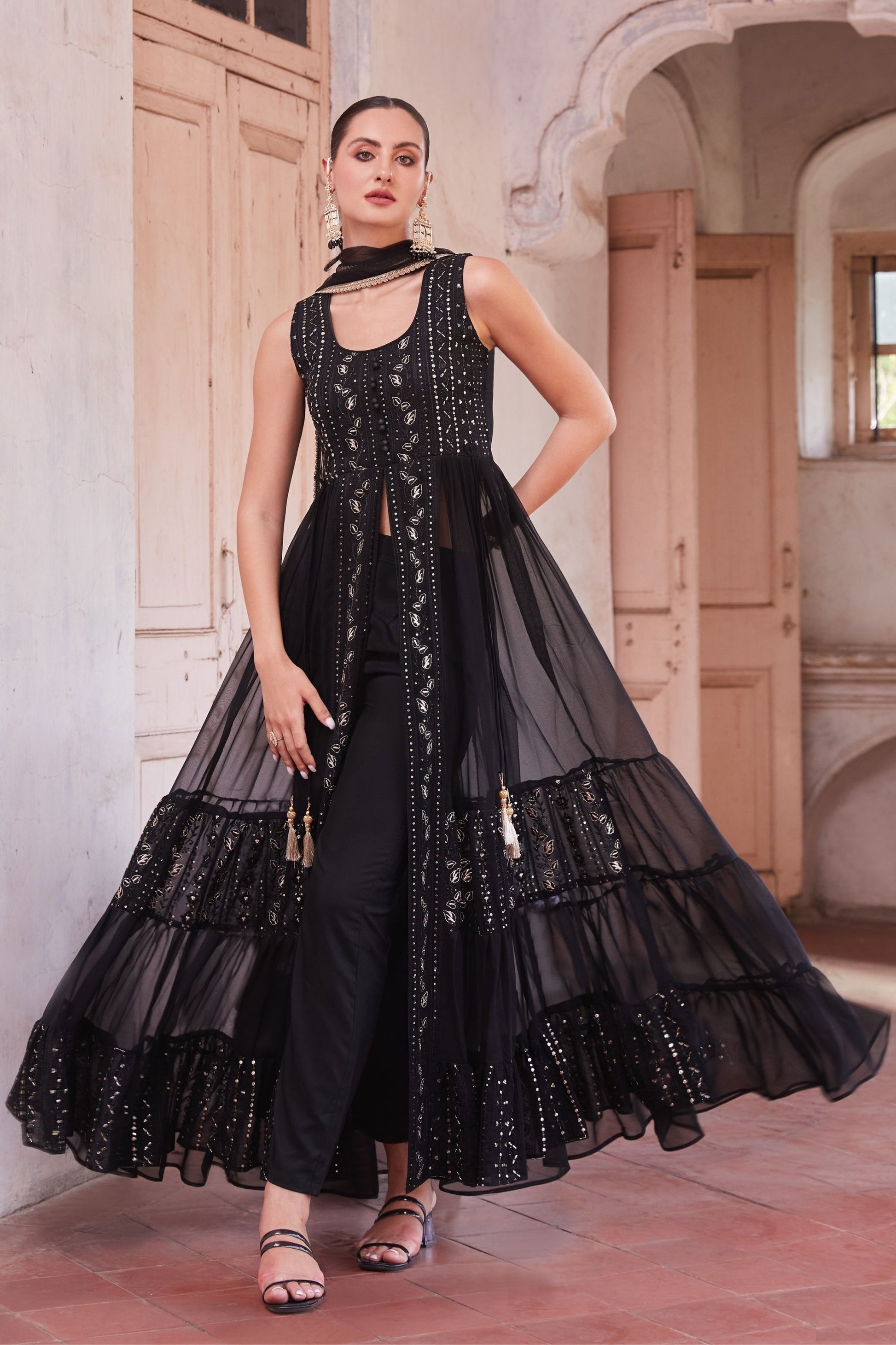 Black Long Designer Georgette Anarkali with Front Slit and Pant For Indian Festivals & Weddings - Thread & Sequence Embroidery Work - Marriott Fashion