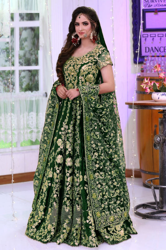 Green Colored 9000 Velvet Lehenga With Embroidery Worked Soft Net Dupatta, Wedding Wear Lehenga Choli