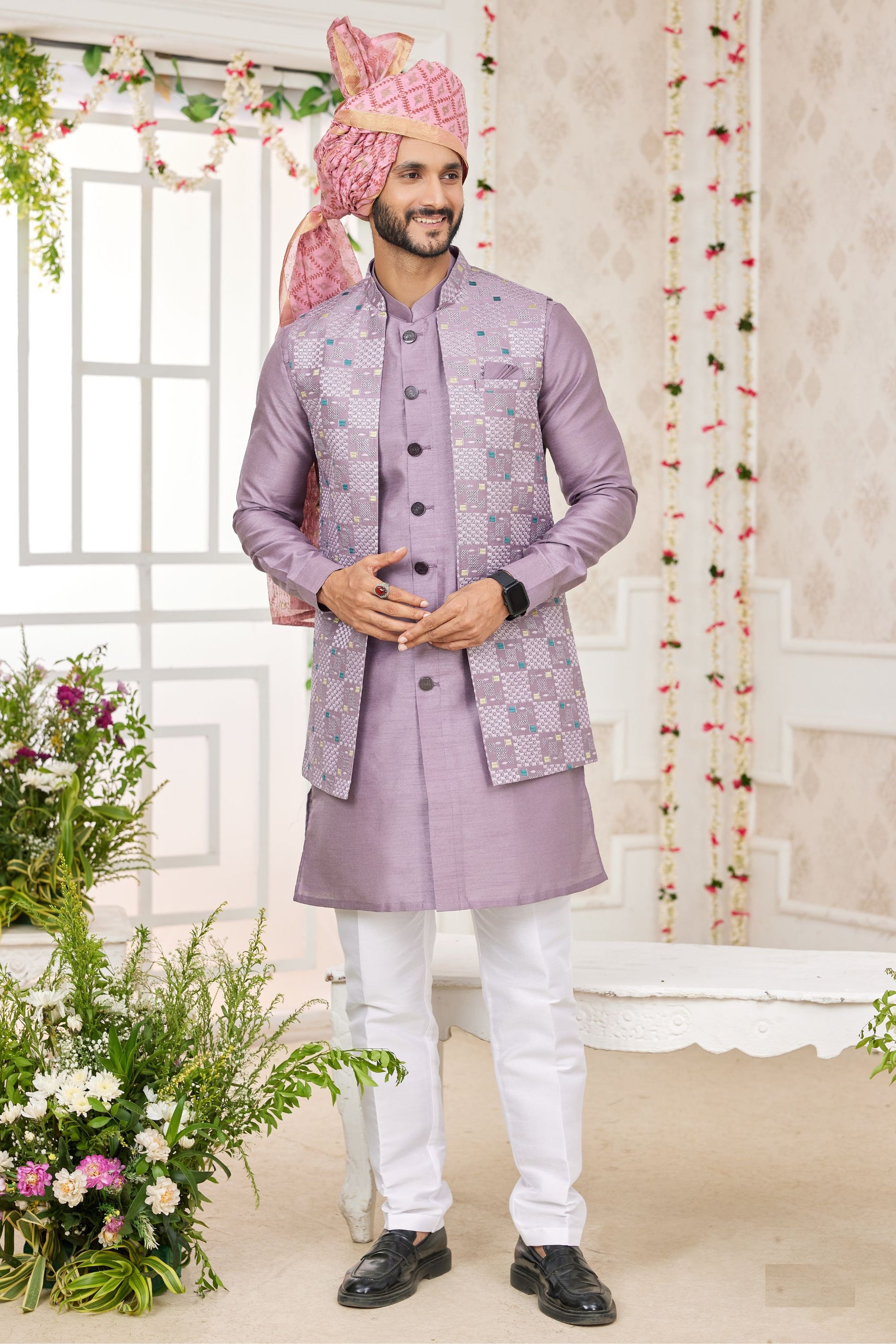 Men’s Wear Art Silk Kurta Pajama Set With Printed Worked Jacket , Wedding & Function Wear Ready Made Kurta Pajama - Marriott Fashion