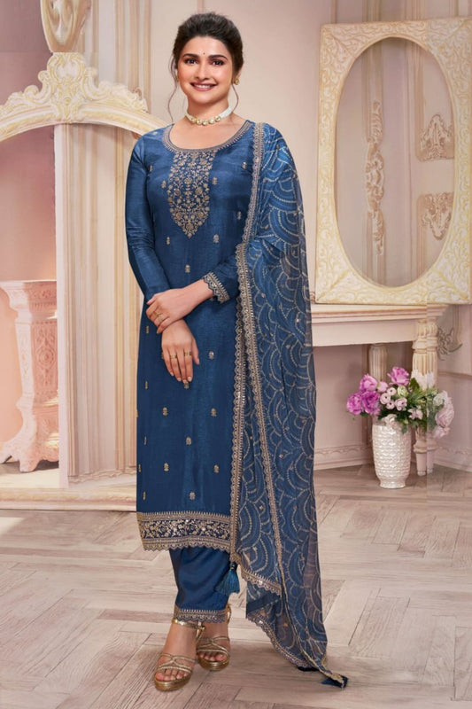 Blue Heavy Silk Georgette Embroidery Worked Festival Wear Beautiful Salwar Kameez