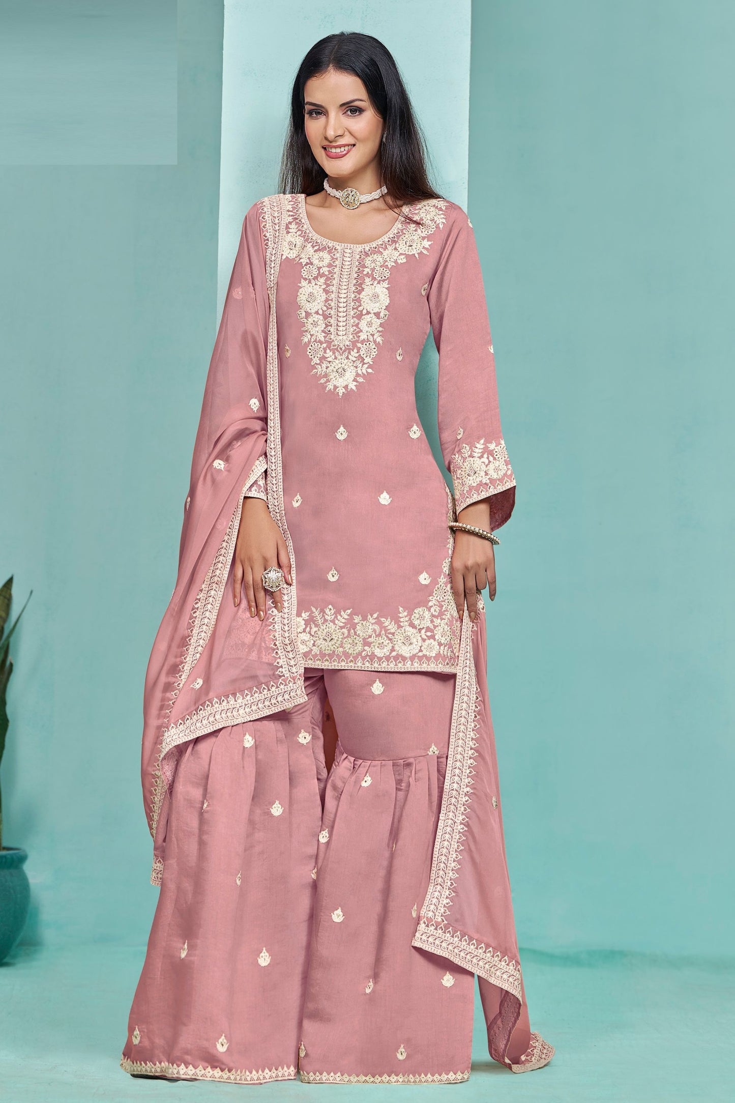 Pink Colored Roman Silk Salwar Kameez With Heavy Organza Dupatta, Festival Wear Sharara Suits For Women - Marriott Fashion