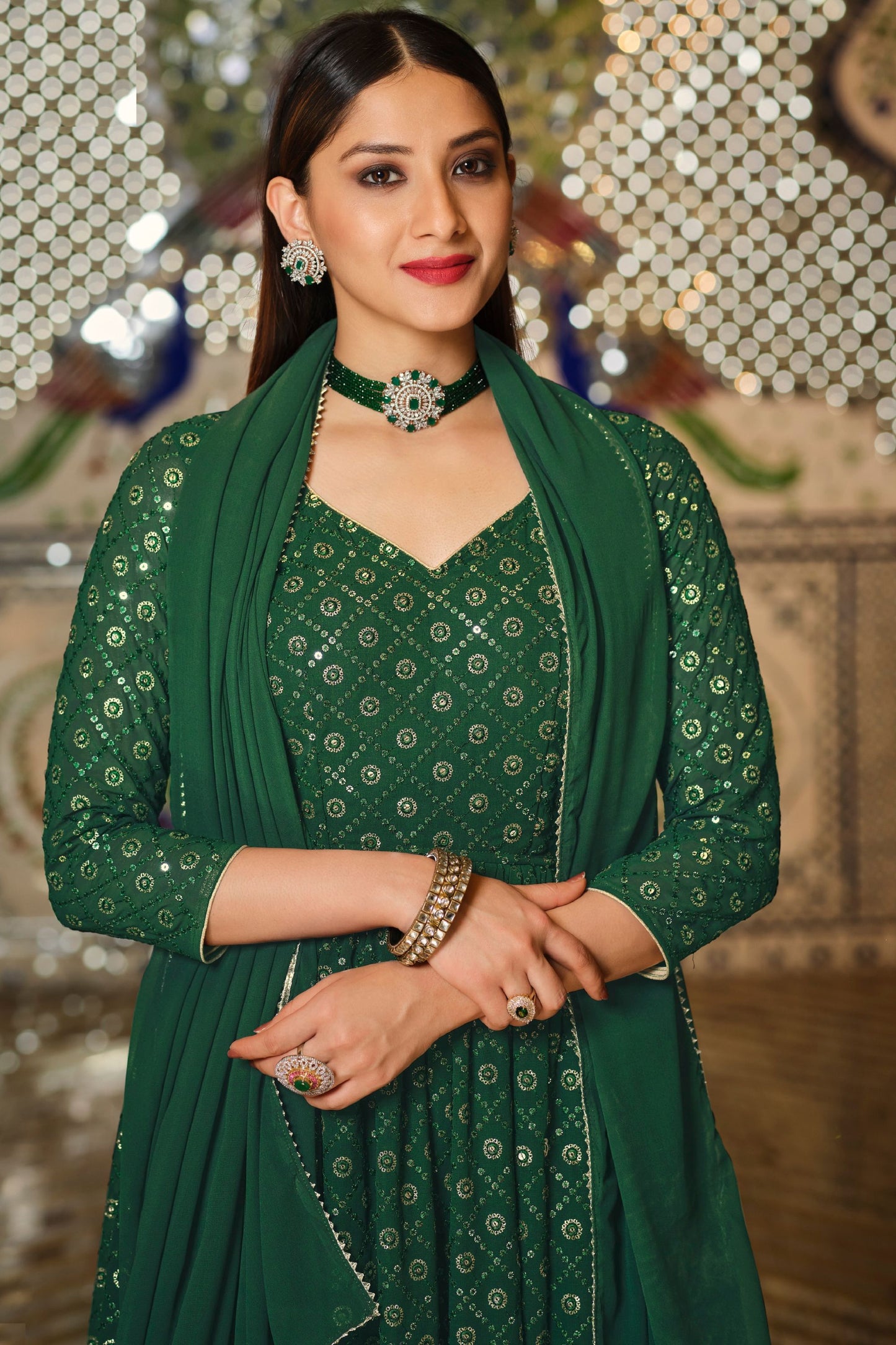 Green Real Georgette Embroidery Worked Wedding Wear Slit Style Anarkali Gown