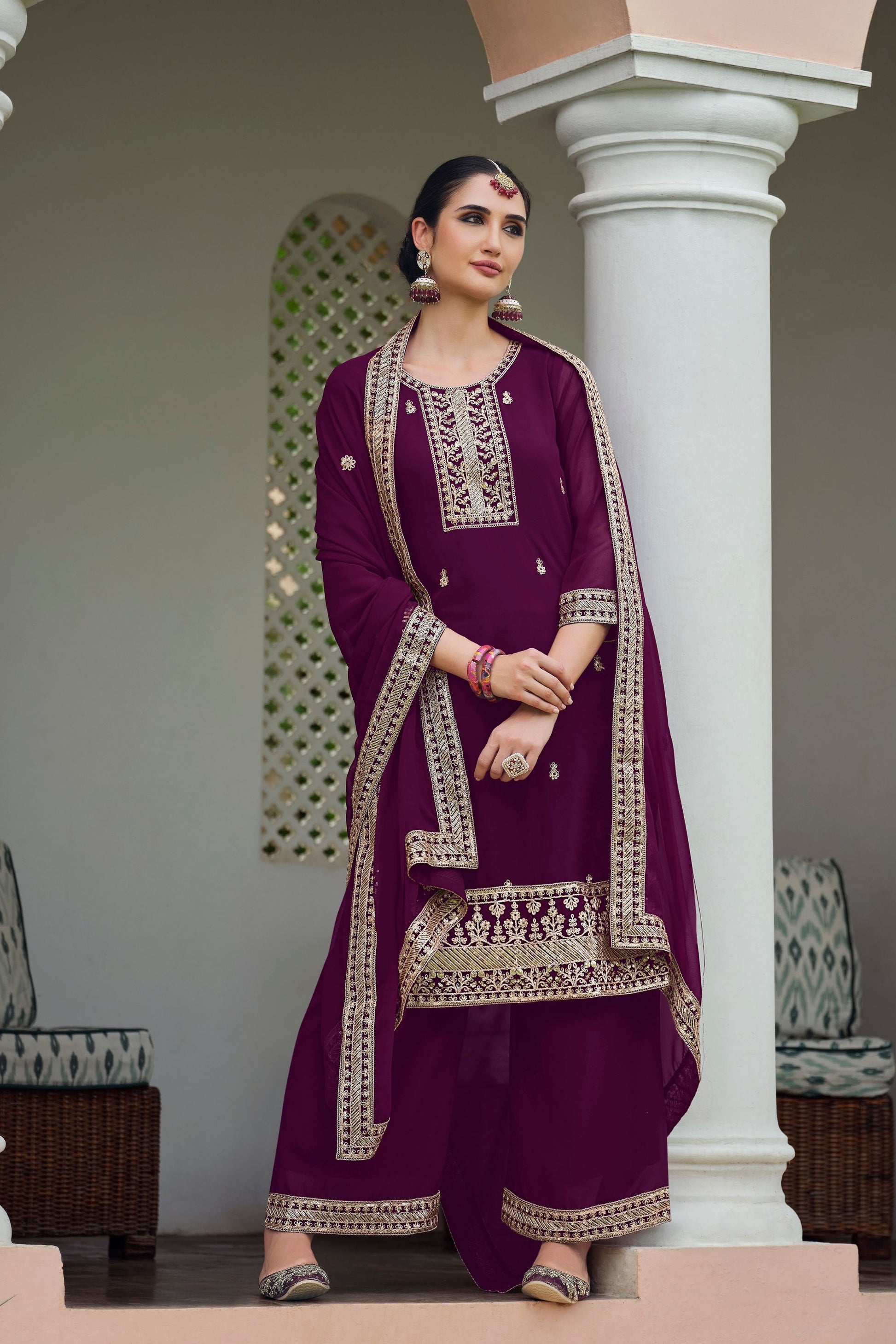 Purple Real Georgette Palazzo Suit for Indian Festival Wear With Embroidered Dupatta, Designer Salwar Kameez - Marriott Fashion