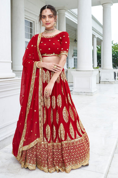 Red Heavy Georgette Sequence Worked Wedding Wear Lehenga Choli