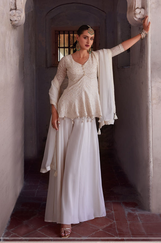 White Pakistani Designer Outfit Ready Made Sharara Suits In Georgette With Designer Embroidery Worked Dupatta - Marriott Fashion