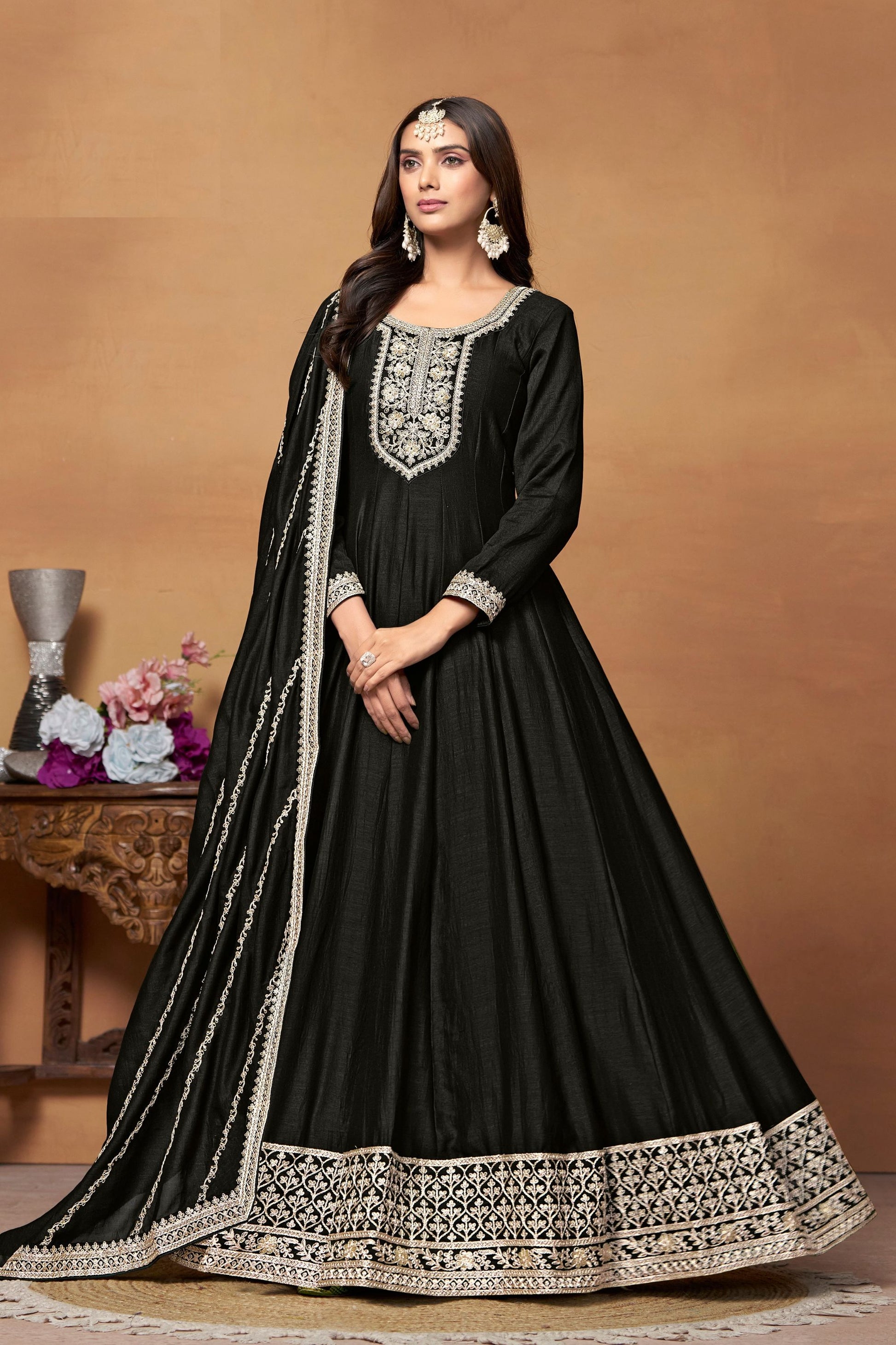 Attractive Black Colored Art Silk Anarkali Gown Suit With Designer Dupatta - Marriott Fashion