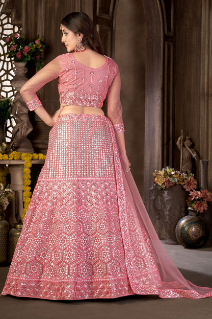 Beautiful Pink Heavy Net Sequence Worked Wedding And Engagement Wear Lehenga Choli