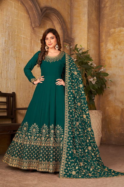 Green Heavy Georgette Embroidery Worked Wedding & Festival Wear Anarkali Gown