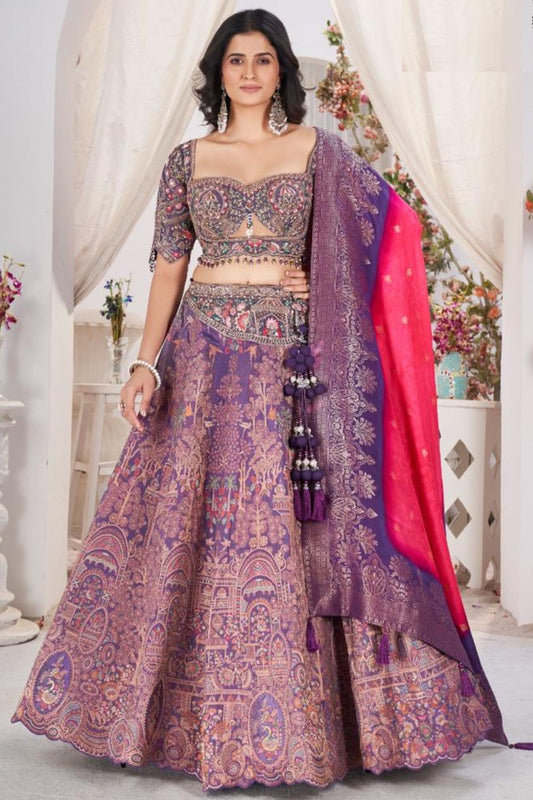 Designers Indian wedding Wear with Jacquard Lehenga Choli, Designer Blouse Piece With Silk Dupatta Dupatta - Marriott Fashion