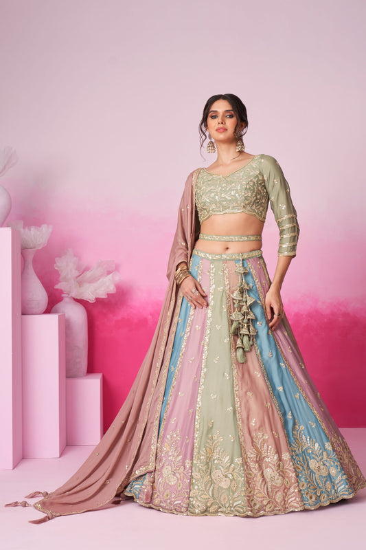 Green Heavy Chiffon Embroidery Worked Wedding Wear Attractive Lehenga Choli