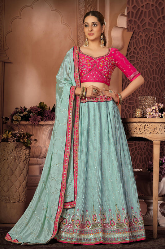 Turquoise Heavy Chinon Embroidery Worked Wedding Function Wear Lehenga Choli