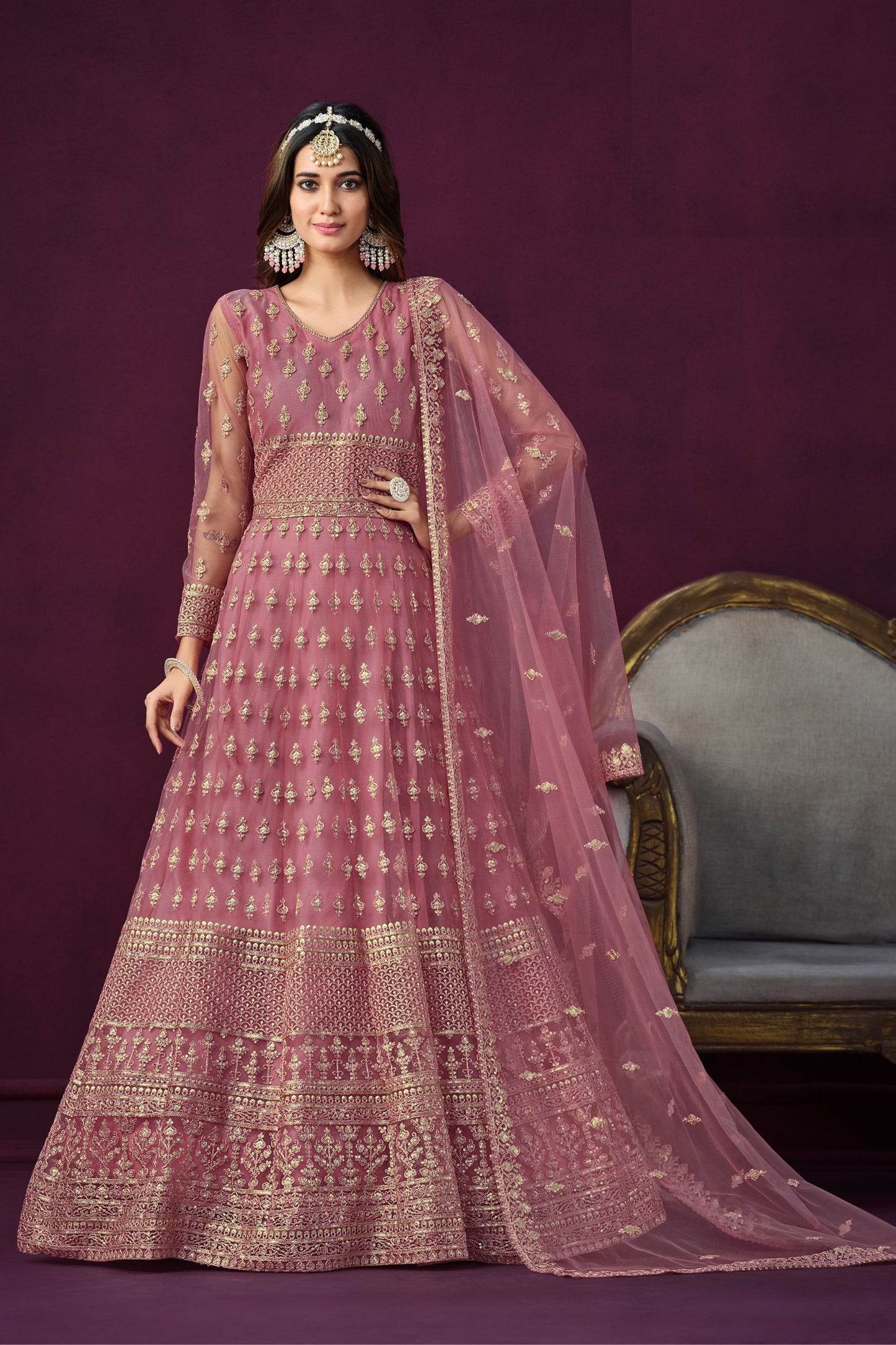 Pink Fancy Net Embroidered For Indian Wedding And Festival Wear Anarkali Gown