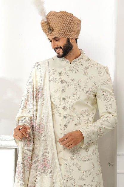 Designer Cream Heavy Art Silk Embroidery Worked Wedding & Festival Wear Sherwani