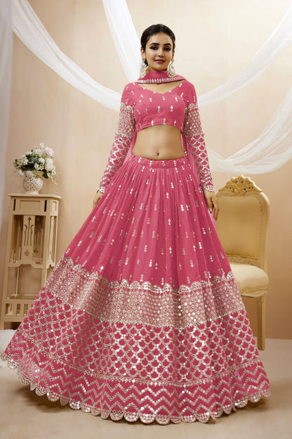 Pink Colored Georgette Lehenga Choli With Designer Net Dupatta - Marriott Fashion