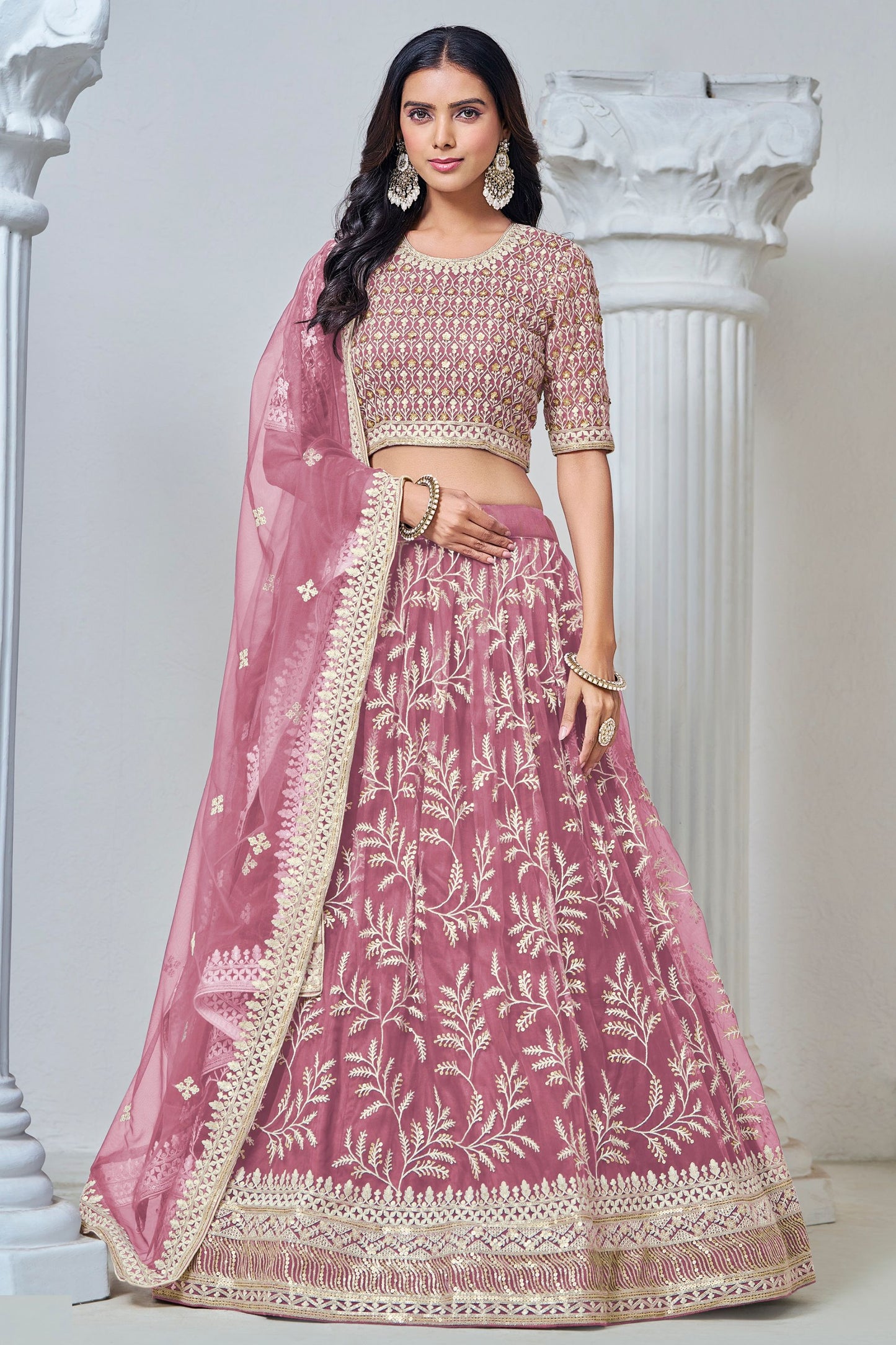 Beautiful Pink Heavy Net Thread Worked Wedding Function Wear Lehenga Choli