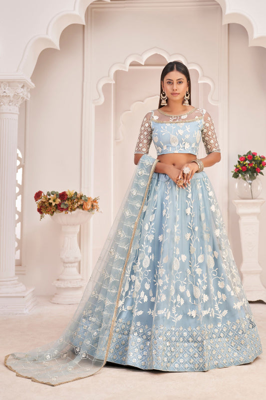 Sky Blue Butterfly Net Embroidery And Thread Worked Wedding Wear Lehenga Choli