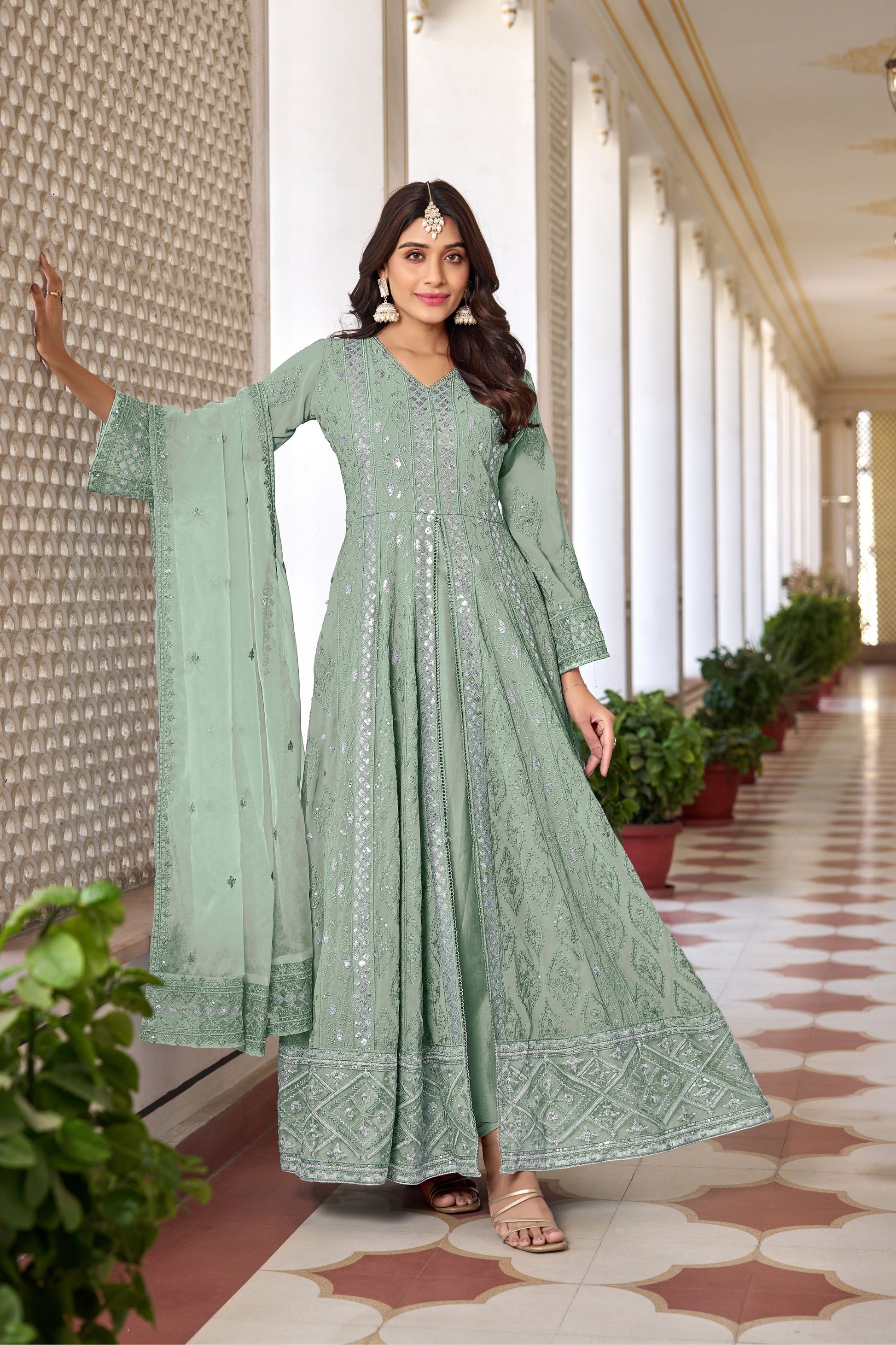 Green Colored Slit Georgette Anarkali Gown Suit With Organza Dupatta - Marriott Fashion