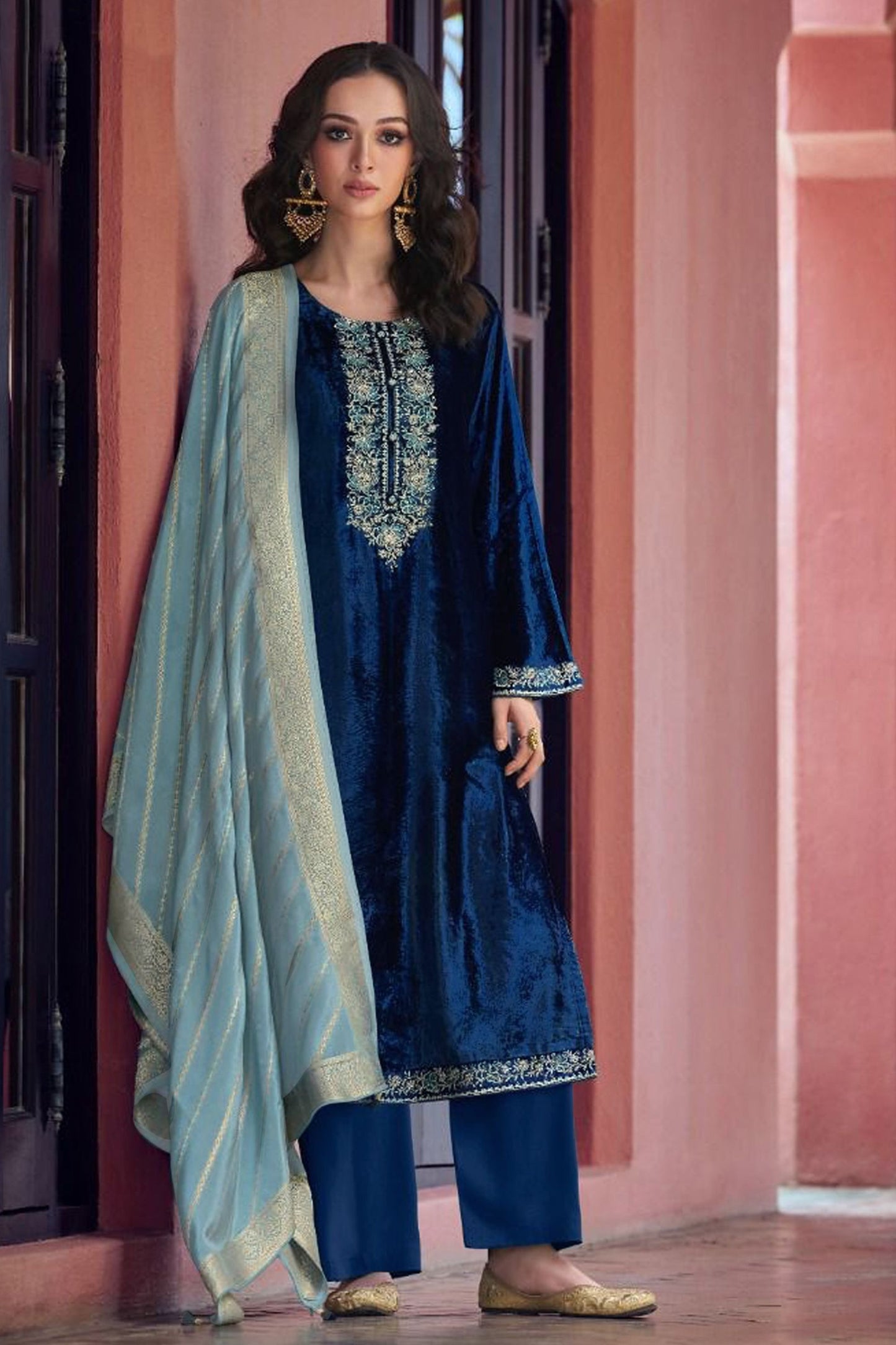 Blue Pure Viscose Velvet Pakistani Wedding & Festival Wear Salwar Kameez